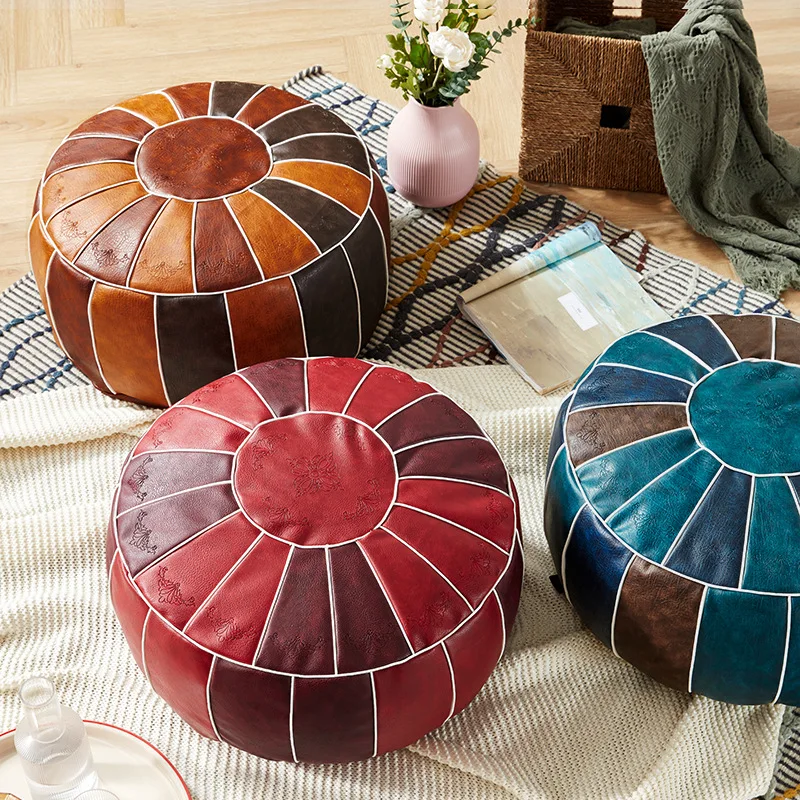 Moroccan PU Leather Pouf – Handmade Embroidered Ottoman, Unstuffed Round Floor Cushion (50x50x30cm) - Pouf Ottoman - H125d4d80f6e74c698b8ae915a7dffa71j