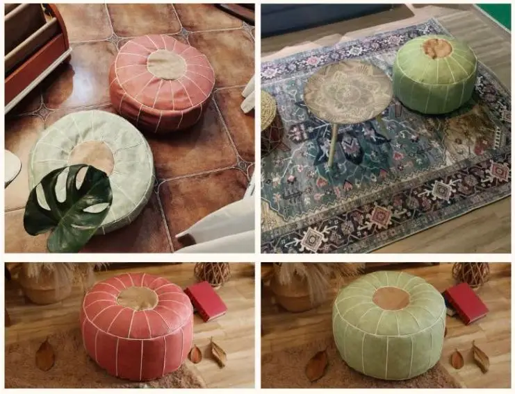 Moroccan PU Leather Pouf – Handmade Embroidered Ottoman, Unstuffed Round Floor Cushion (50x50x30cm) - Pouf Ottoman - H305272847eb0498cb0b0fb4e653abdf44