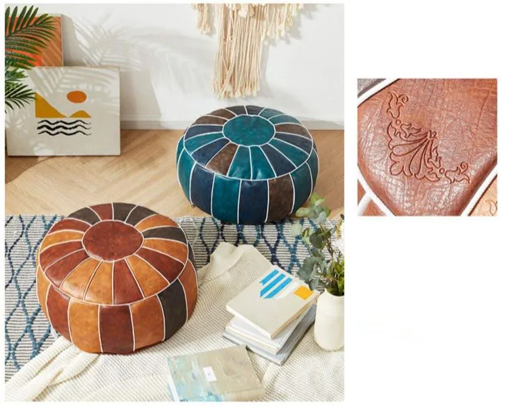 Moroccan PU Leather Pouf – Handmade Embroidered Ottoman, Unstuffed Round Floor Cushion (50x50x30cm) - Pouf Ottoman - H4d298dcdc53941f6b95ca75ab8006454X