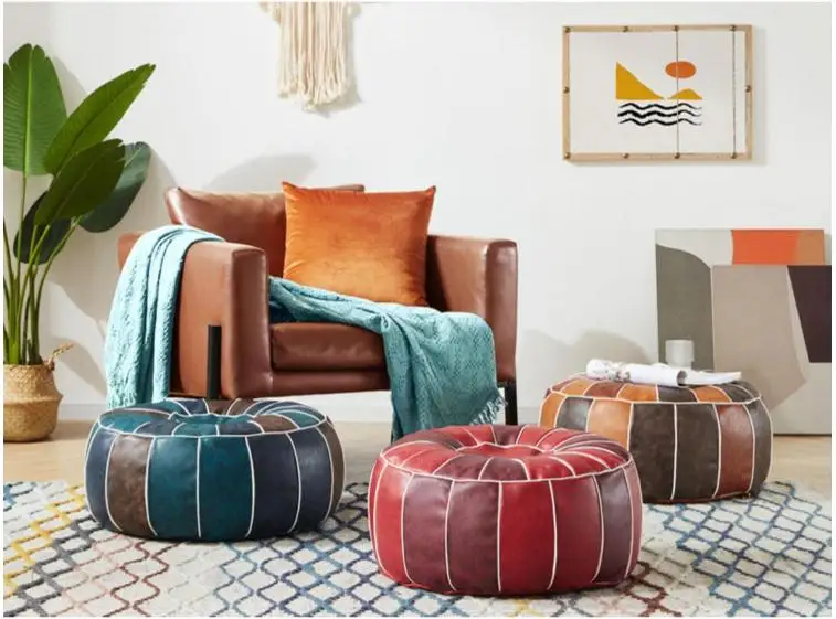 Moroccan PU Leather Pouf – Handmade Embroidered Ottoman, Unstuffed Round Floor Cushion (50x50x30cm) - Pouf Ottoman - H806231c391f549d785d451ff70ac2c17P