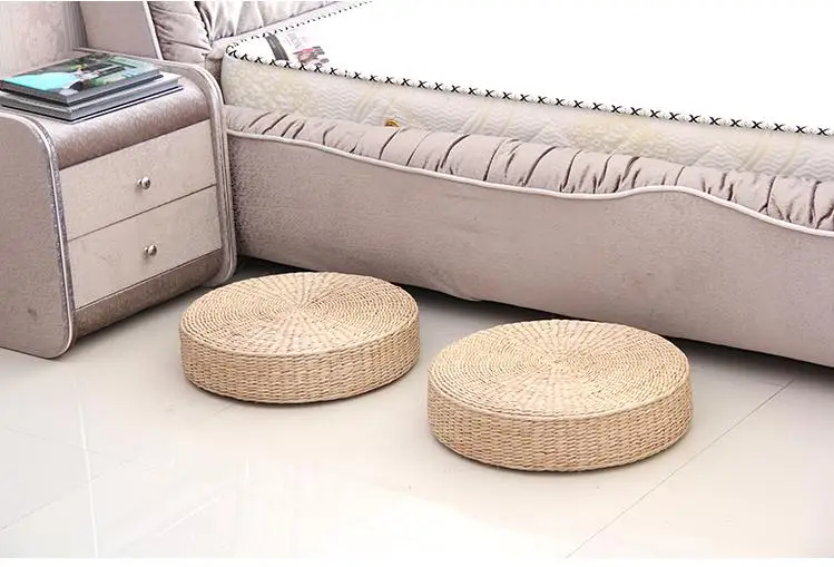 Natural Straw Tatami Floor Cushion – Handmade Round Pouf - Pouf Ottoman -
