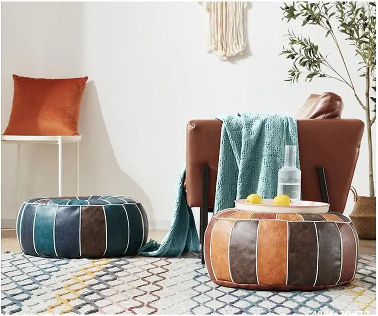 Moroccan PU Leather Pouf – Handmade Embroidered Ottoman, Unstuffed Round Floor Cushion (50x50x30cm) - Pouf Ottoman - Hb11ab8d0c94843828347ed3cd1f57084C
