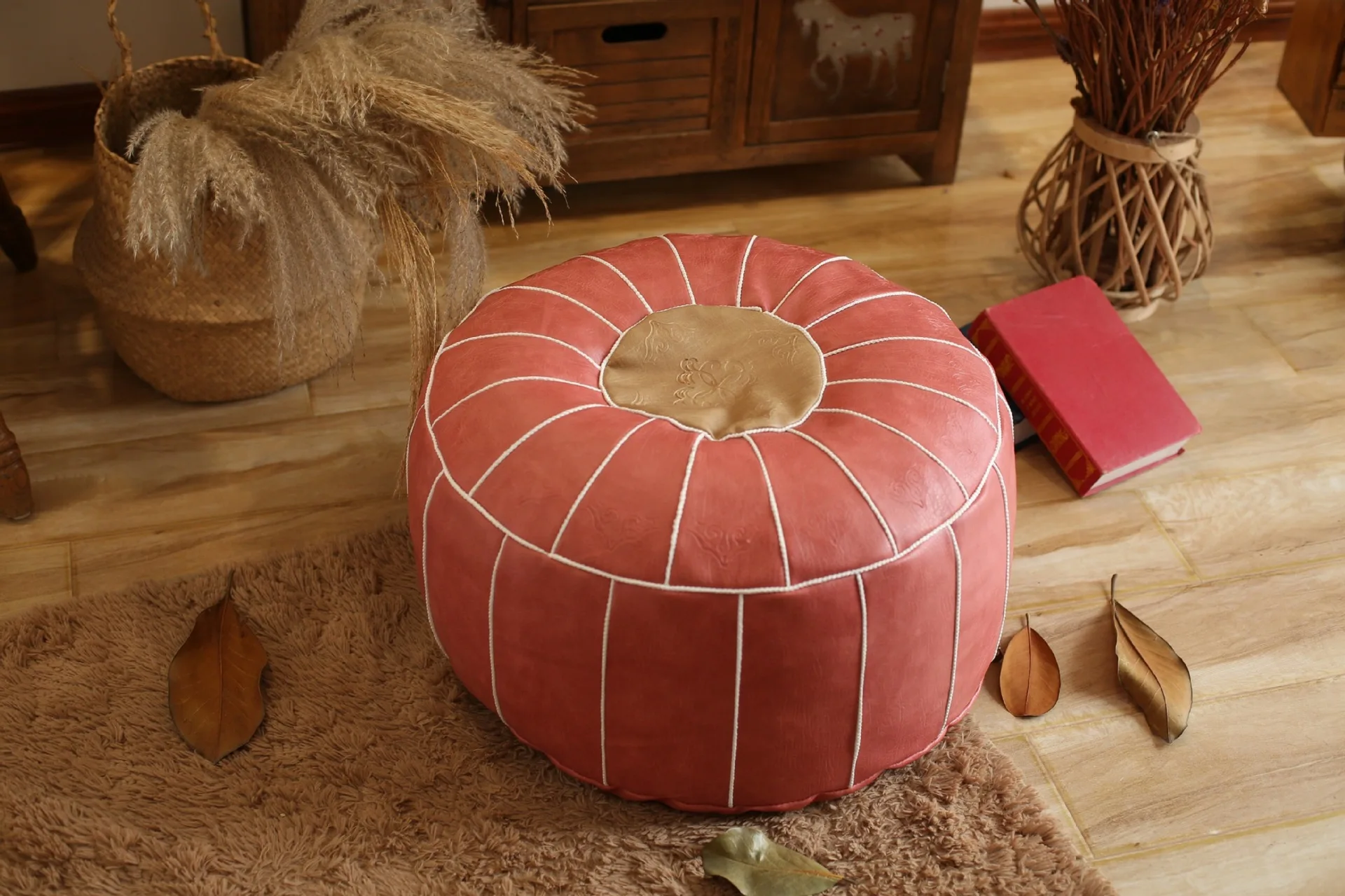 Moroccan PU Leather Pouf – Handmade Embroidered Ottoman, Unstuffed Round Floor Cushion (50x50x30cm) - Pouf Ottoman - Hedda972981cd416ba8eaea49acea7a94e