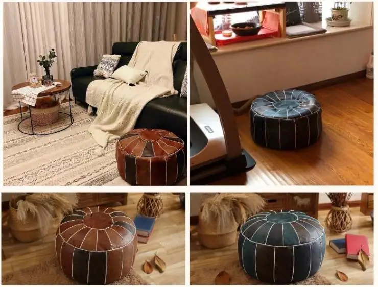 Moroccan PU Leather Pouf – Handmade Embroidered Ottoman, Unstuffed Round Floor Cushion (50x50x30cm) - Pouf Ottoman - Hff1bdf3a1eac47bca29606a14bd080ebC