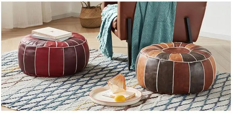 Moroccan PU Leather Pouf – Handmade Embroidered Ottoman, Unstuffed Round Floor Cushion (50x50x30cm) - Pouf Ottoman - Hff74aa03bb7a401bbe285a8f4a7a870fc