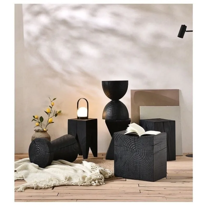 Solid Wood Stool – Portable Black Round Ottoman, Multi-Function Low Stool for Modern Living Room - Pouf Ottoman - S14aecdb13fb241a9a3492ef9a7d769aeB