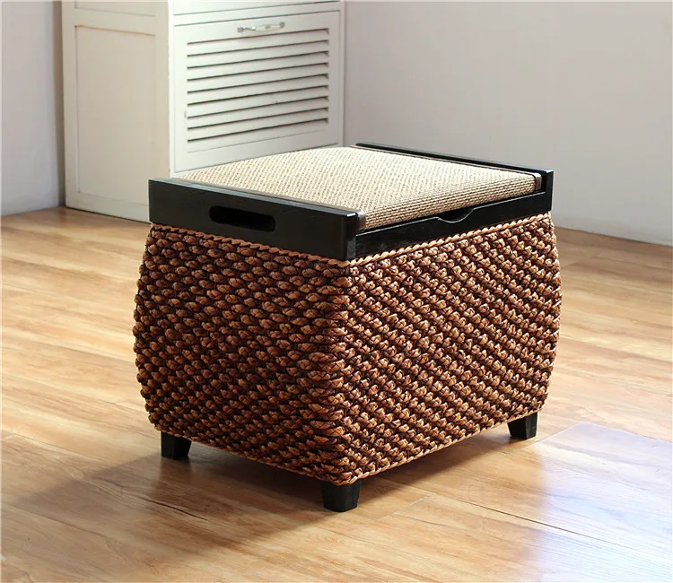 Rattan Storage Stool – Solid Wood Entryway Bench with Hidden Storage - Pouf Ottoman - S2552cd7e74524f8da4a446fec2fcaccfy