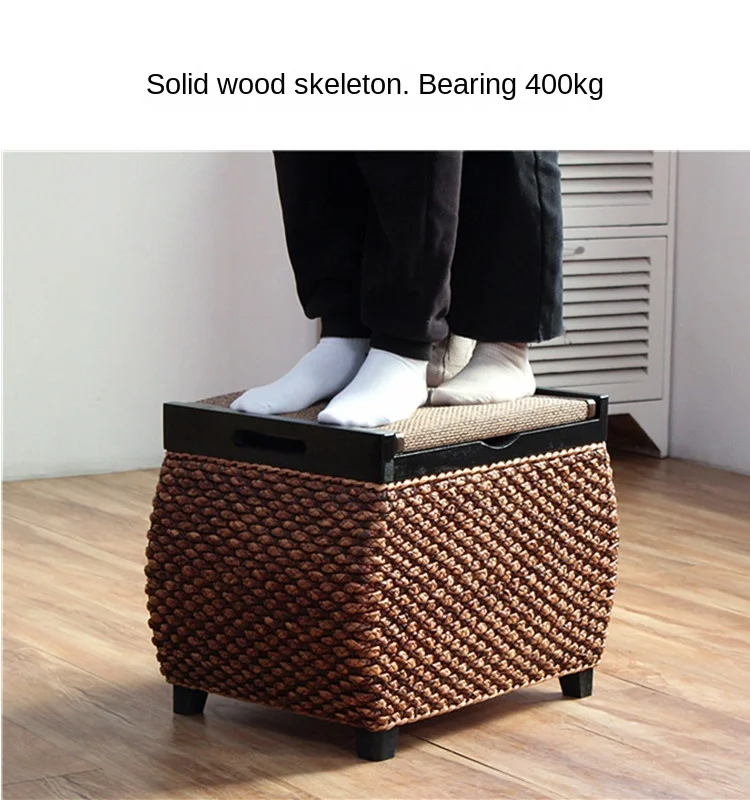Rattan Storage Stool – Solid Wood Entryway Bench with Hidden Storage - Pouf Ottoman - S49b8c43a2066497a89509c669299b5e5T
