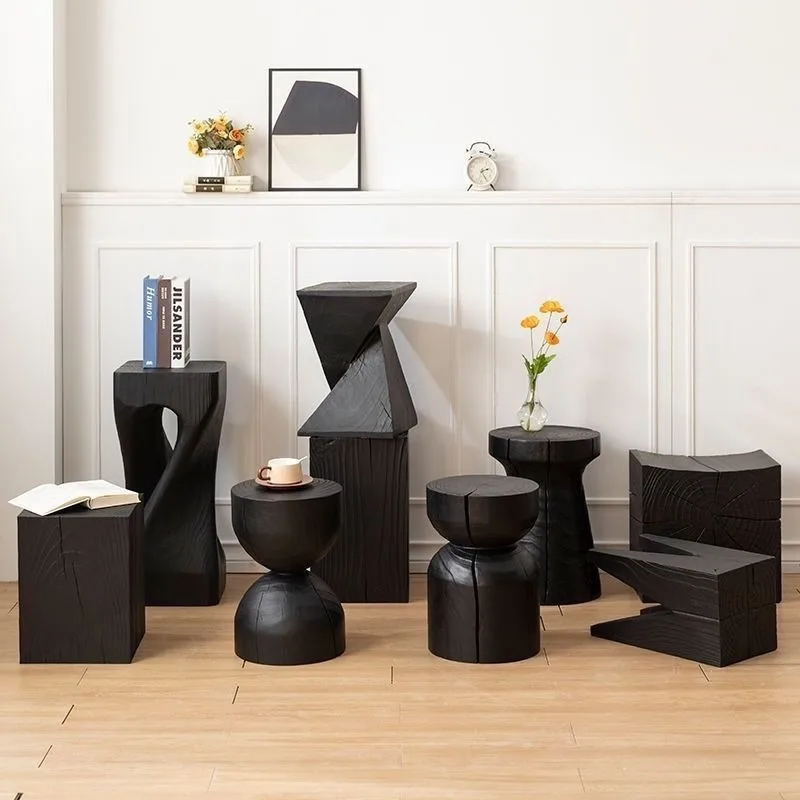 Solid Wood Stool – Portable Black Round Ottoman, Multi-Function Low Stool for Modern Living Room - Pouf Ottoman - S7b77e2872935421387daa0bcf12e1164S