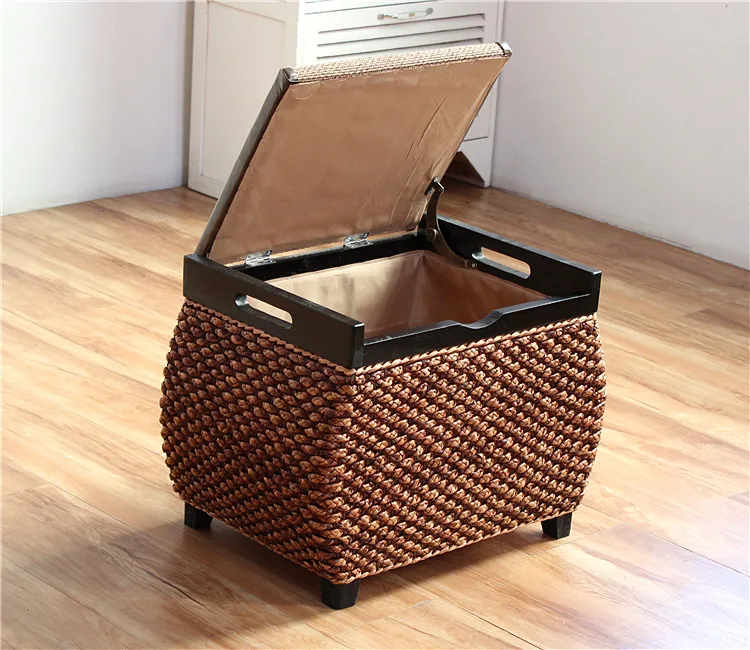 Rattan Storage Stool – Solid Wood Entryway Bench with Hidden Storage - Pouf Ottoman - S94659624274344ce8d1f490797d41f28f