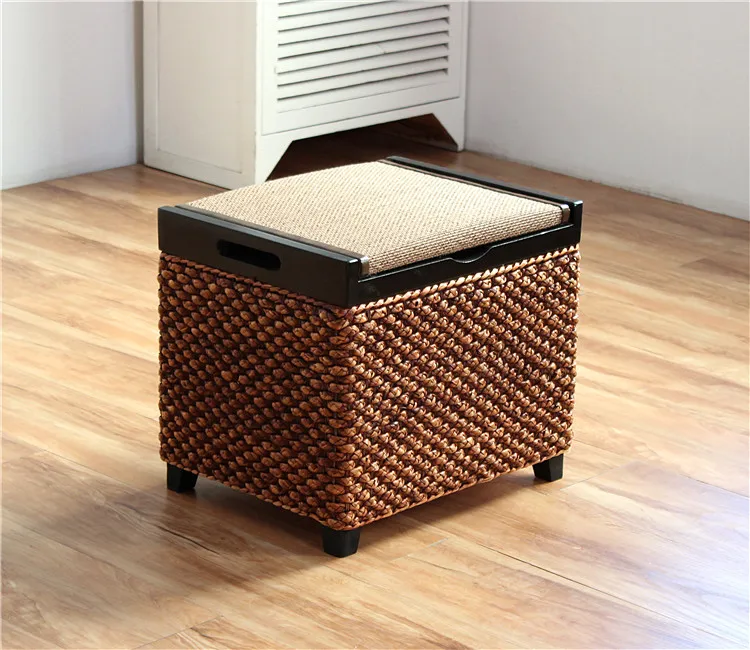 Rattan Storage Stool – Solid Wood Entryway Bench with Hidden Storage - Pouf Ottoman - Sb570b17b010143a08a0fcc9d2883c548A