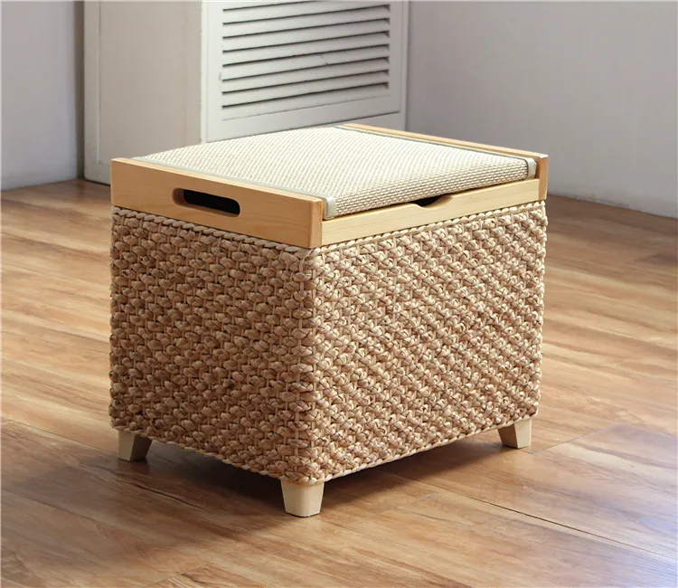 Rattan Storage Stool – Solid Wood Entryway Bench with Hidden Storage - Pouf Ottoman - Sf8de672b1b894e43a18815ce79e5fa02o